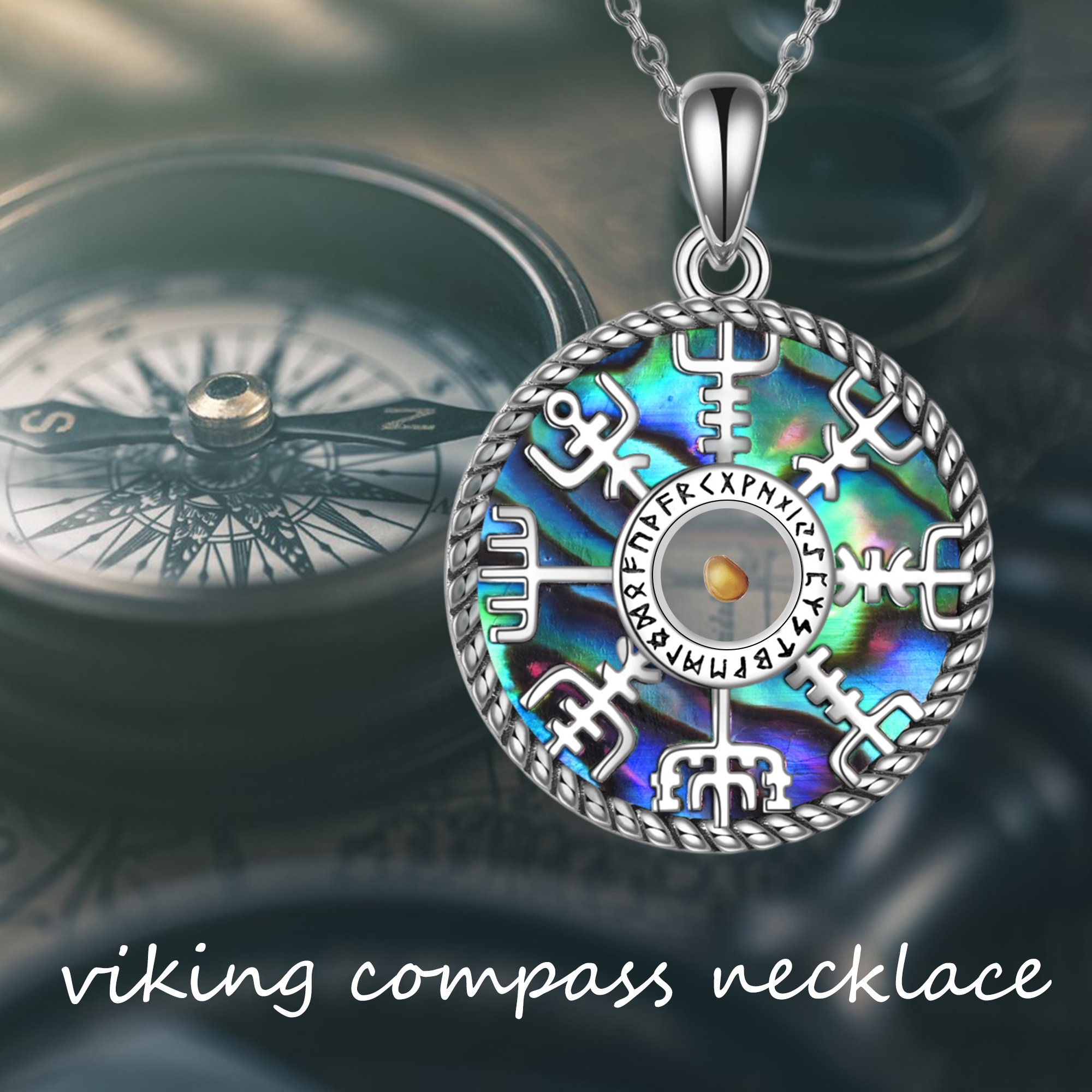 Women's 925 Sterling Silver Viking Necklace with Abalone Shell